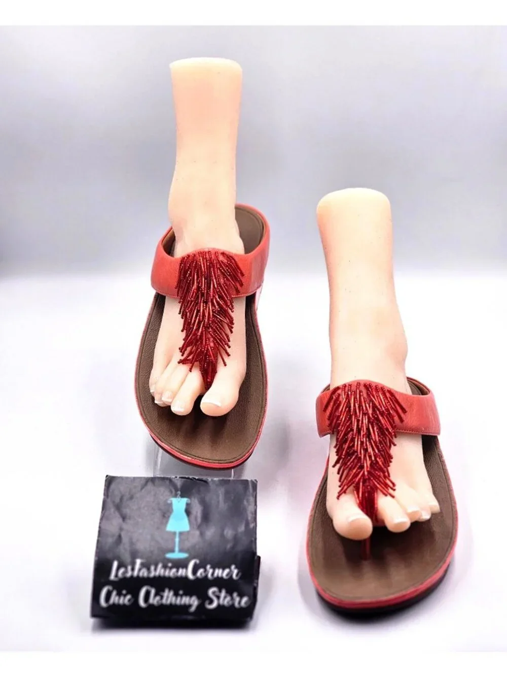 FitFlop Women's Orange Leather Cha Cha Beaded Fringe Thong Sandals Size 10 3341 - Picture 2 of 16